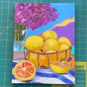 Original Art Work Sunny Mediterranean Morning Citrus Basket Acrylic Painting